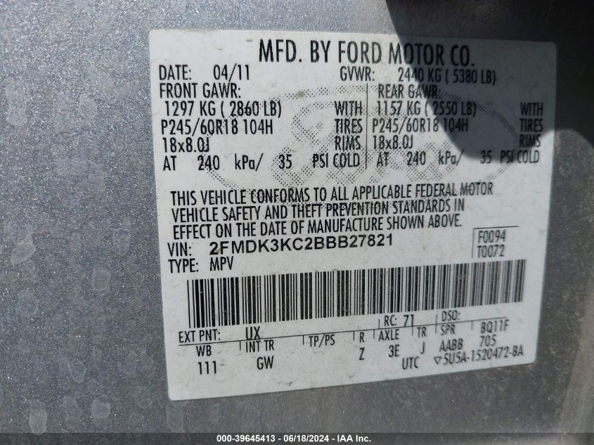 2011 Ford Edge Limited VIN: 2FMDK3KC2BBB27821 Lot: 39645413