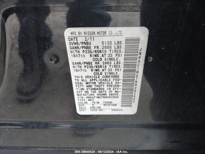 2011 Nissan Murano Sv VIN: JN8AZ1MU7BW062688 Lot: 39645420