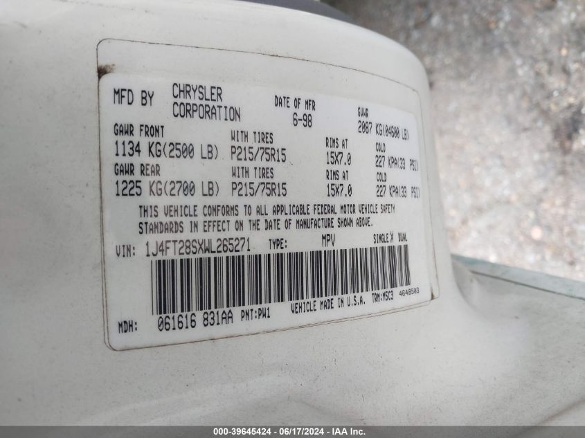 1998 Jeep Cherokee Se VIN: 1J4FT28SXWL265271 Lot: 39645424