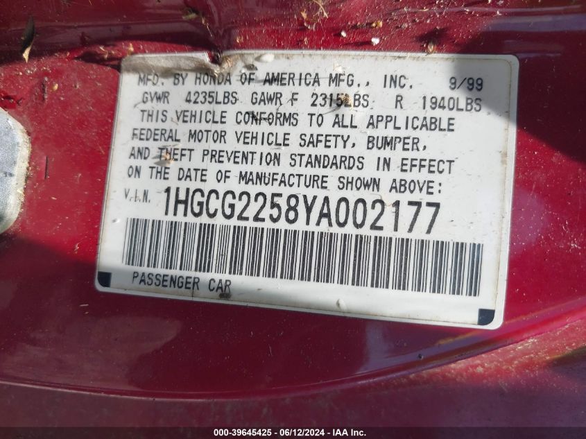 2000 Honda Accord 3.0 Ex VIN: 1HGCG2258YA002177 Lot: 39645425