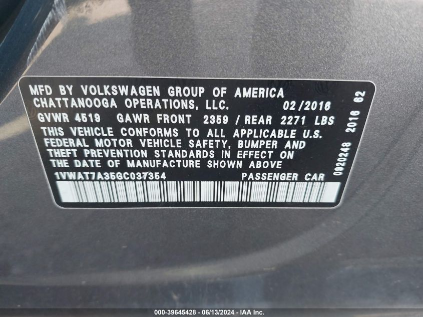 2016 Volkswagen Passat 1.8T R-Line/1.8T S VIN: 1VWAT7A35GC037354 Lot: 39645428