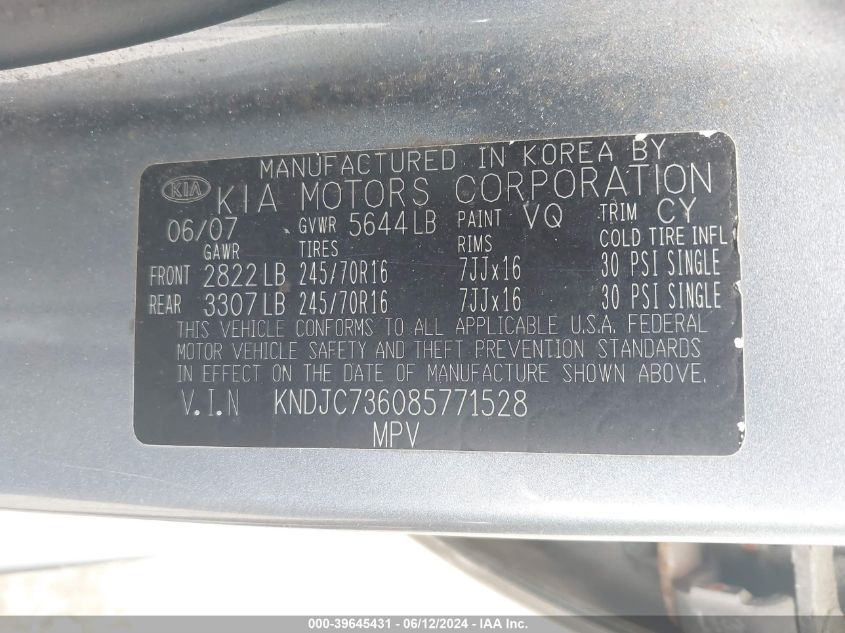 2008 Kia Sorento Ex VIN: KNDJC736085771528 Lot: 39645431