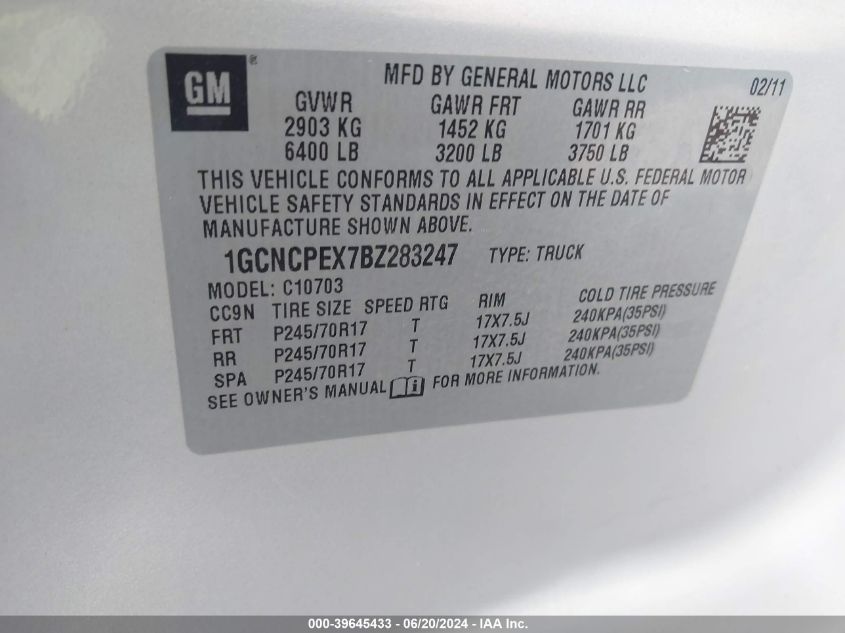 2011 Chevrolet Silverado 1500 C1500 VIN: 1GCNCPEX7BZ283247 Lot: 39645433