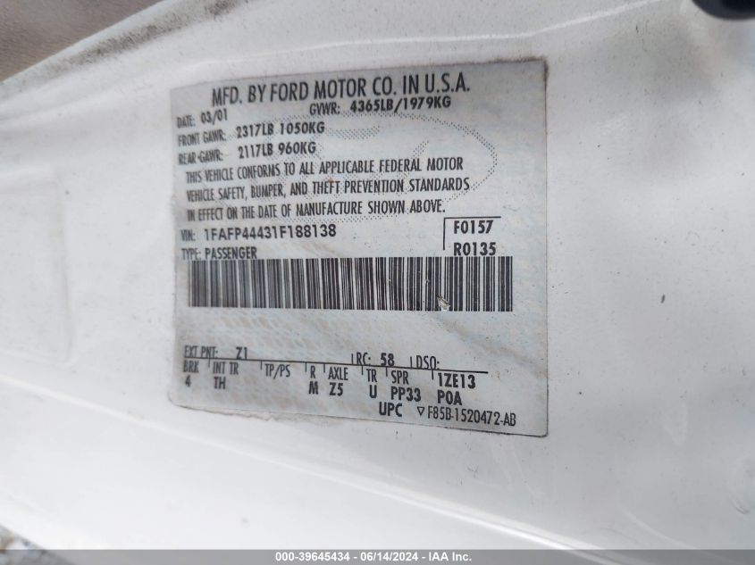 2001 Ford Mustang VIN: 1FAFP44431F188138 Lot: 39645434