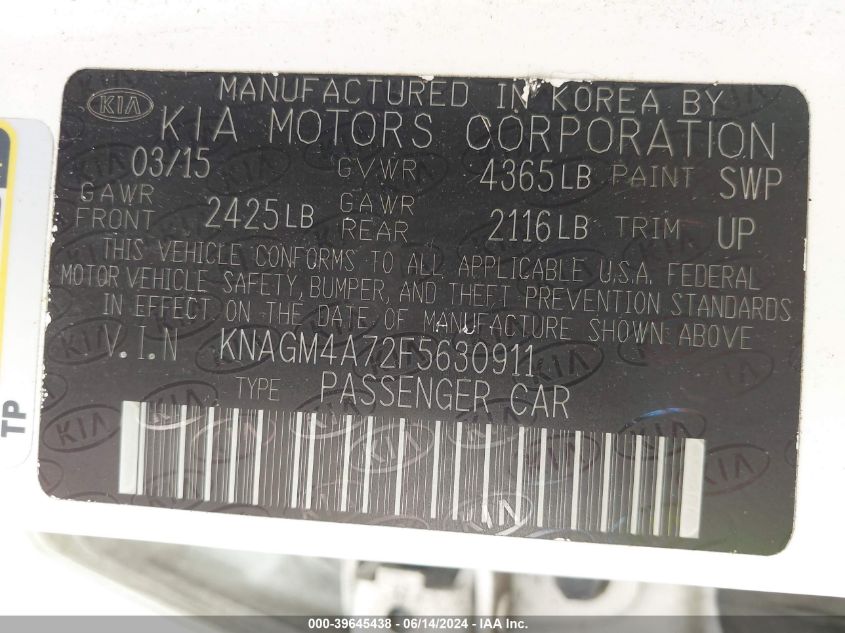 2015 Kia Optima Lx VIN: KNAGM4A72F5630911 Lot: 39645438
