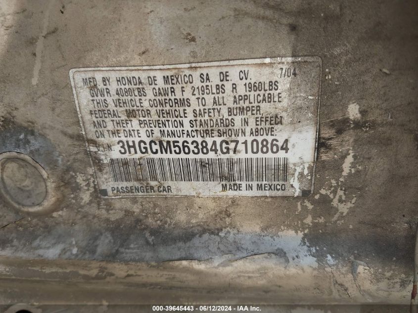 2004 Honda Accord 2.4 Lx VIN: 3HGCM56384G710864 Lot: 39645443
