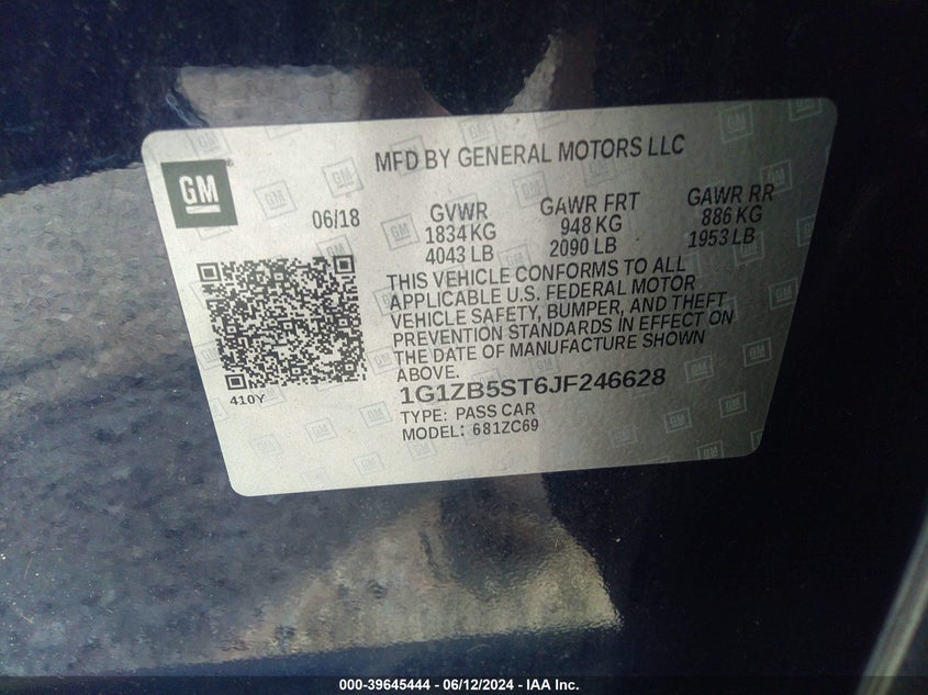 2018 Chevrolet Malibu 1Ls VIN: 1G1ZB5ST6JF246628 Lot: 39645444