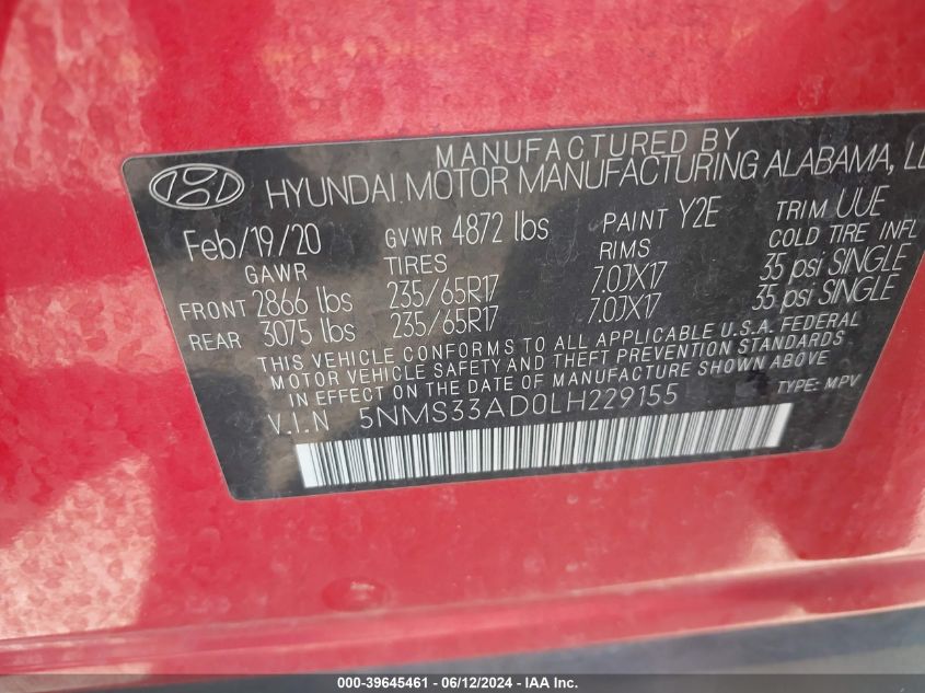 2020 Hyundai Santa Fe Sel VIN: 5NMS33AD0LH229155 Lot: 39645461