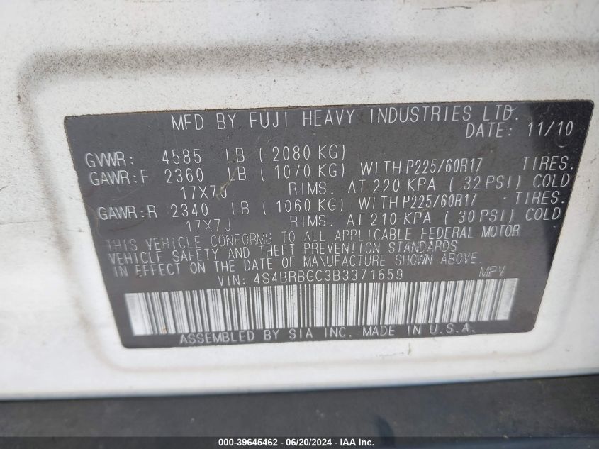 2011 Subaru Outback 2.5I Premium VIN: 4S4BRBGC3B3371659 Lot: 39645462