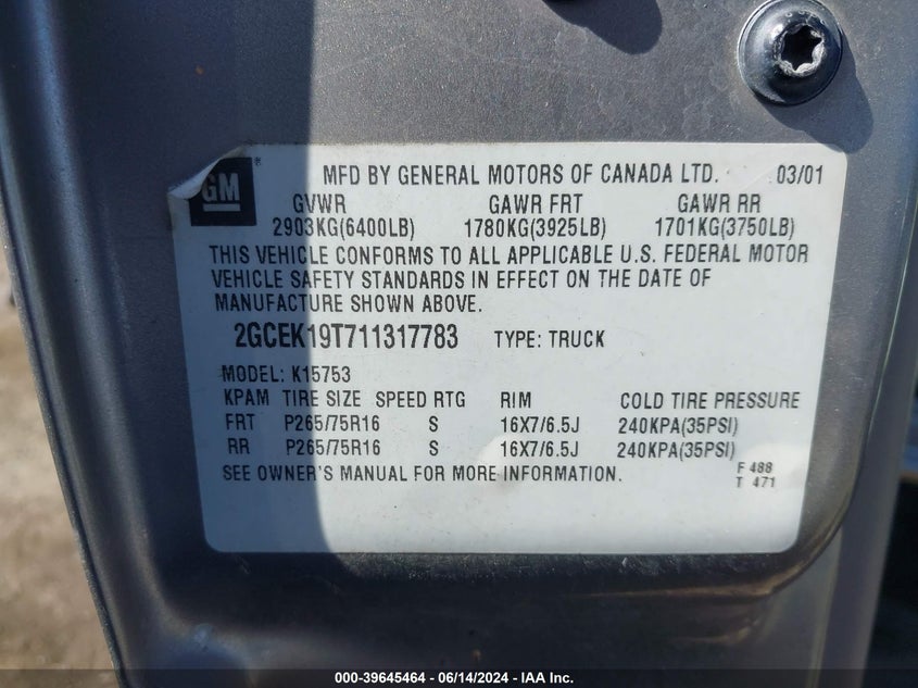 2001 Chevrolet Silverado 1500 Ls VIN: 2GCEK19T711317783 Lot: 39645464