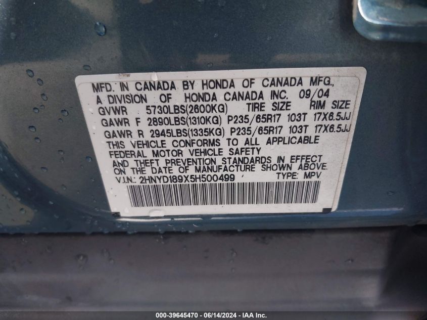 2005 Acura Mdx VIN: 2HNYD189X5H500499 Lot: 39645470