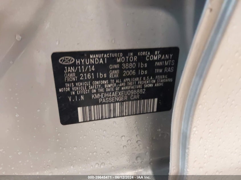 2014 Hyundai Elantra Limited VIN: KMHDH4AEXEU098882 Lot: 39645471