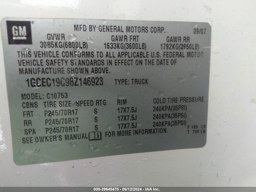 2008 Chevrolet Silverado 1500 Work Truck VIN: 1GCEC19C98Z146923 Lot: 39645475