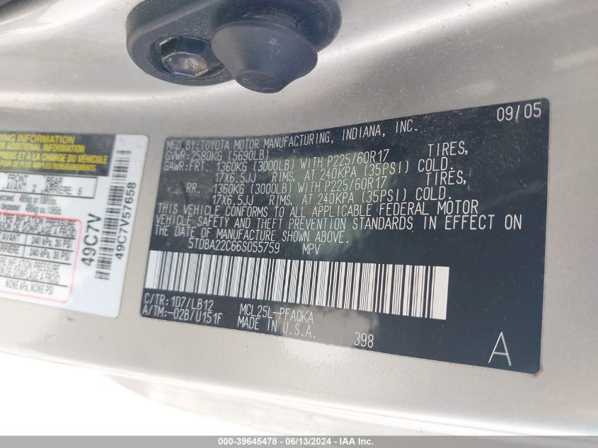 2006 Toyota Sienna Xle VIN: 5TDBA22C66S055759 Lot: 39645478