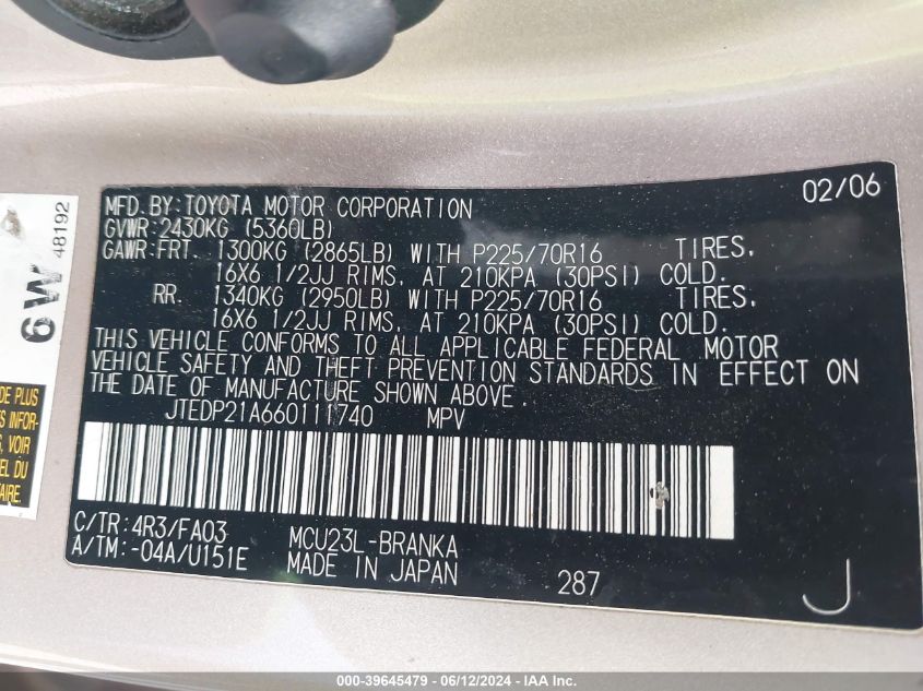 2006 Toyota Highlander V6 VIN: JTEDP21A660111740 Lot: 39645479