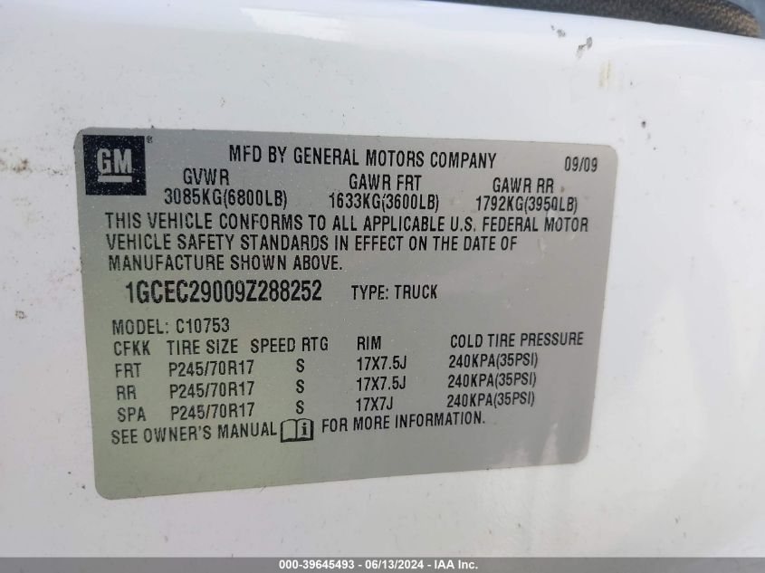 2009 Chevrolet Silverado 1500 Lt VIN: 1GCEC29009Z288252 Lot: 39645493