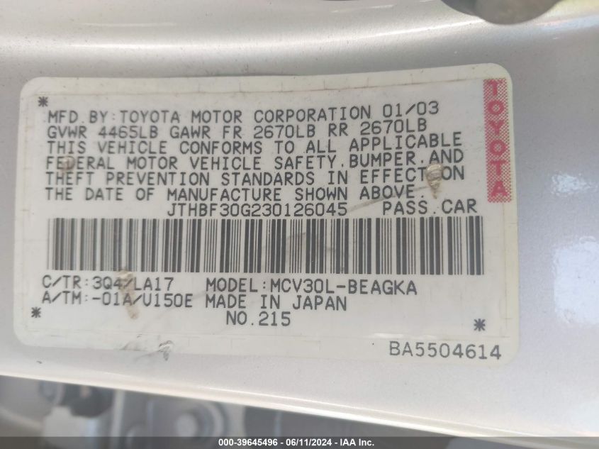 2003 Lexus Es 300 VIN: JTHBF30G230126045 Lot: 39645496