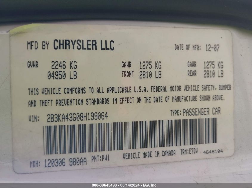 2008 Dodge Charger VIN: 2B3KA43G08H199064 Lot: 39645498