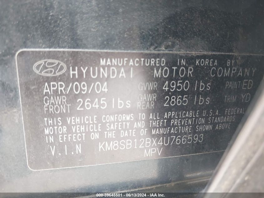 2004 Hyundai Santa Fe VIN: KM8SB12BX4U766593 Lot: 39645501