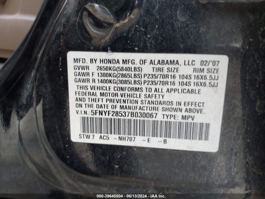2007 Honda Pilot Ex-L VIN: 5FNYF28537B030067 Lot: 39645504