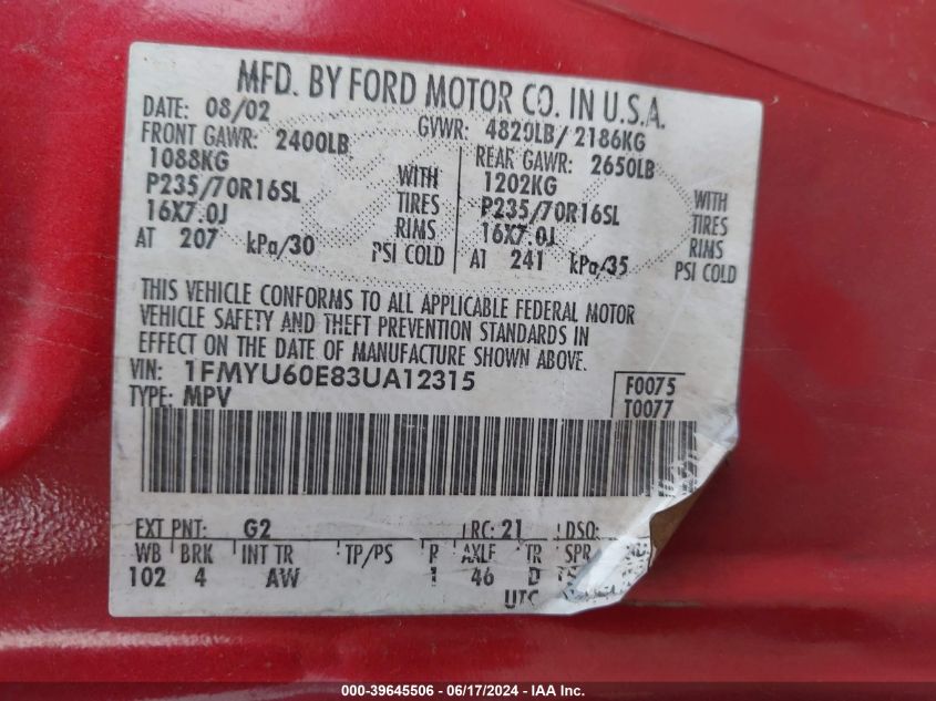 2003 Ford Explorer Sport Xls/Xlt VIN: 1FMYU60E83UA12315 Lot: 39645506