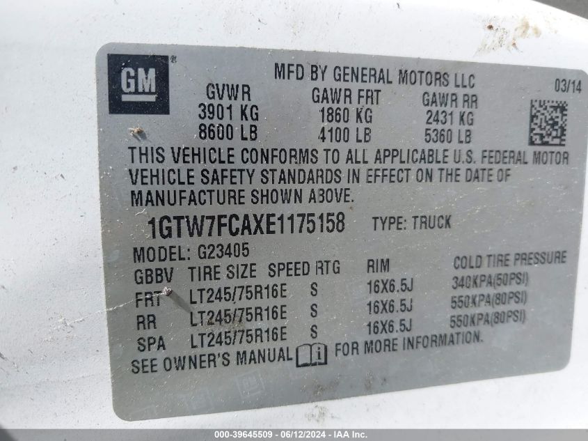 2014 GMC Savana 2500 Work Van VIN: 1GTW7FCAXE1175158 Lot: 39645509