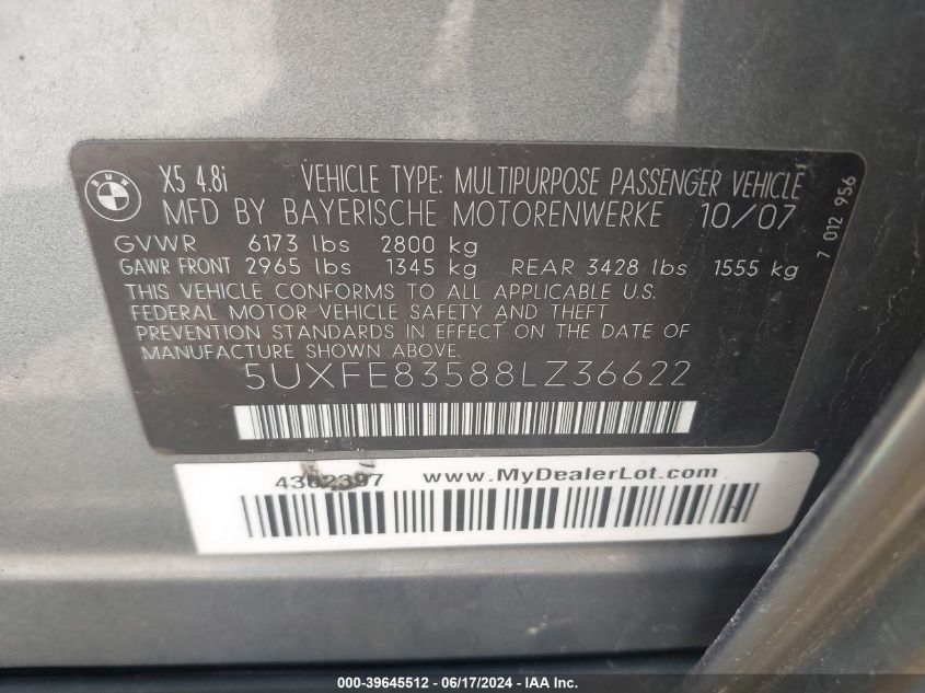 2008 BMW X5 4.8I VIN: 5UXFE83588LZ36622 Lot: 39645512