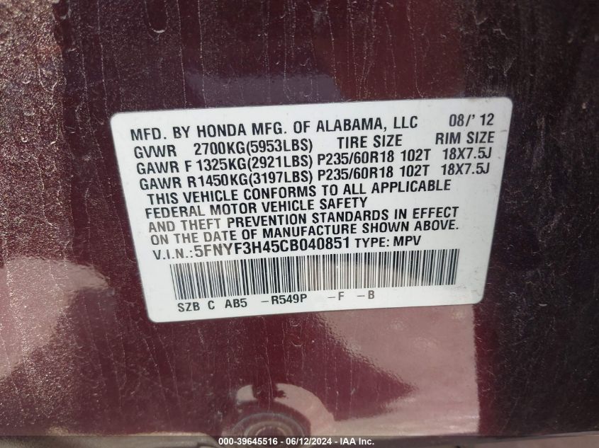 2012 Honda Pilot Ex VIN: 5FNYF3H45CB040851 Lot: 39645516