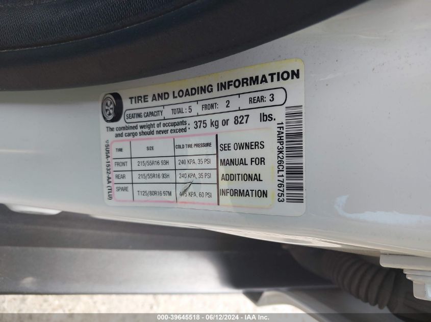 2012 Ford Focus Se VIN: 1FAHP3K26CL176753 Lot: 39645518