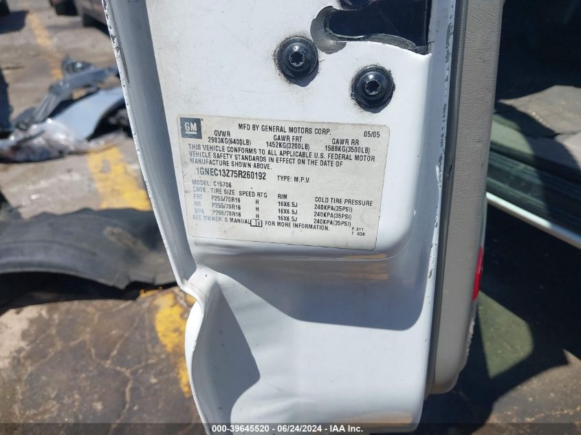 2005 Chevrolet Tahoe Police VIN: 1GNEC13Z75R260192 Lot: 39645520