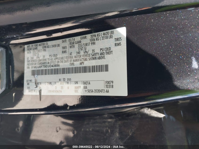 2014 Ford Escape S VIN: 1FMCU0F75EUD43856 Lot: 39645522