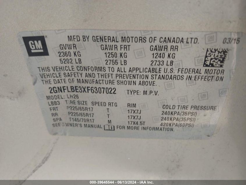 2015 Chevrolet Equinox 1Lt VIN: 2GNFLBE3XF6307022 Lot: 39645544