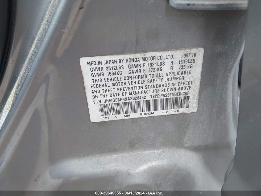 2010 Honda Fit Sport VIN: JHMGE8H4XAS028432 Lot: 39645555