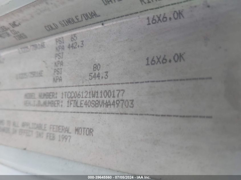 1997 Ford Econoline E450 Super Duty Cutwy Rv VIN: 1FDLE40S8VHA49703 Lot: 39645560