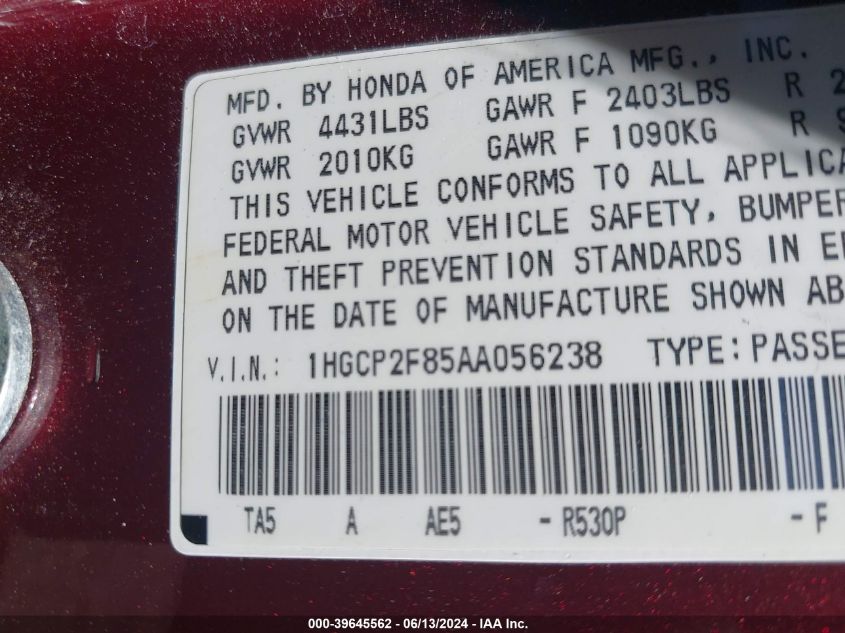 2010 Honda Accord 2.4 Ex-L VIN: 1HGCP2F85AA056238 Lot: 39645562