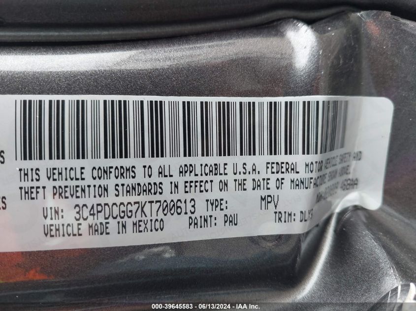 2019 Dodge Journey Crossroad VIN: 3C4PDCGG7KT700613 Lot: 39645583
