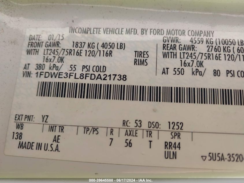 2015 Ford E-350 Cutaway VIN: 1FDWE3FL8FDA21738 Lot: 39645588