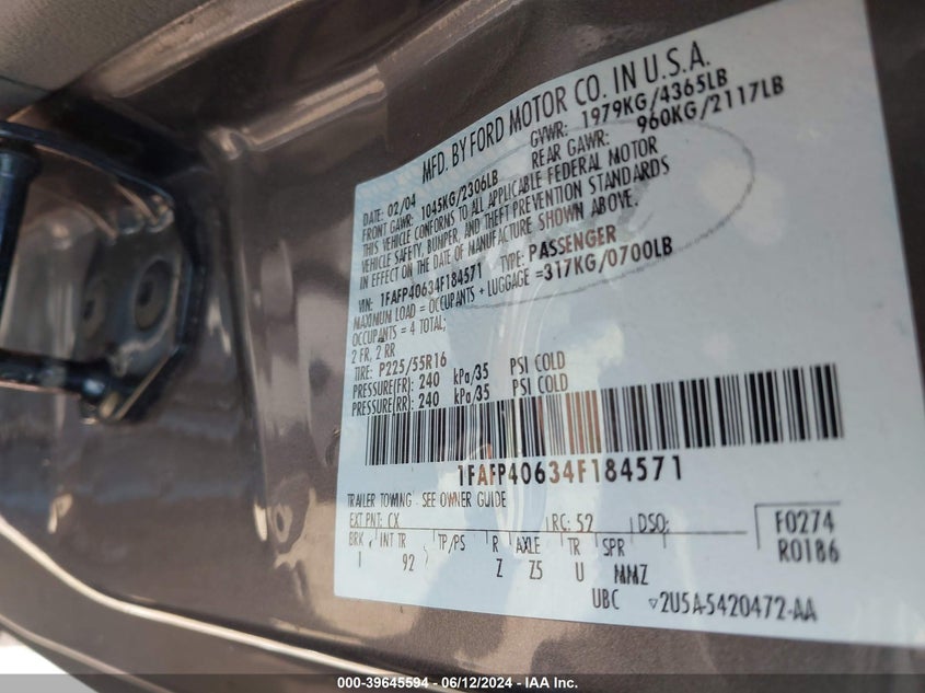 2004 Ford Mustang VIN: 1FAFP40634F184571 Lot: 39645594
