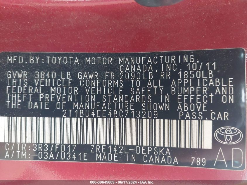 2011 Toyota Corolla S VIN: 2T1BU4EE4BC713209 Lot: 39645609