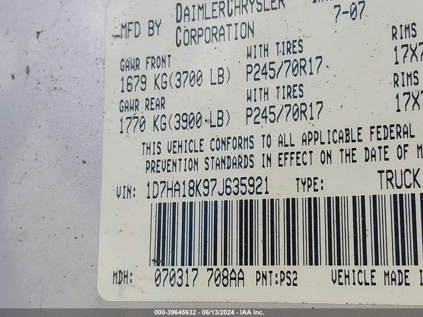 2007 Dodge Ram 1500 St VIN: 1D7HA18K97J635921 Lot: 39645632