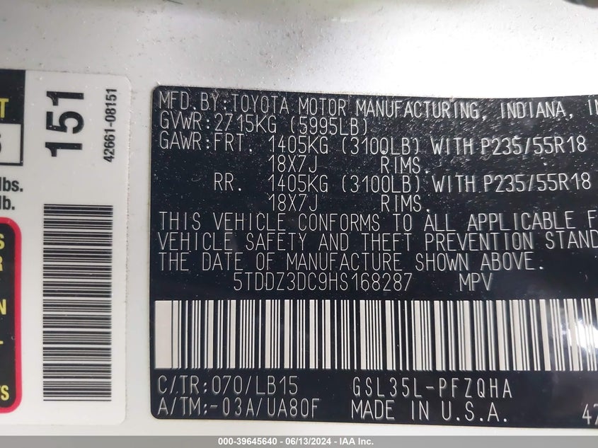 2017 Toyota Sienna Limited Premium 7 Passenger VIN: 5TDDZ3DC9HS168287 Lot: 39645640