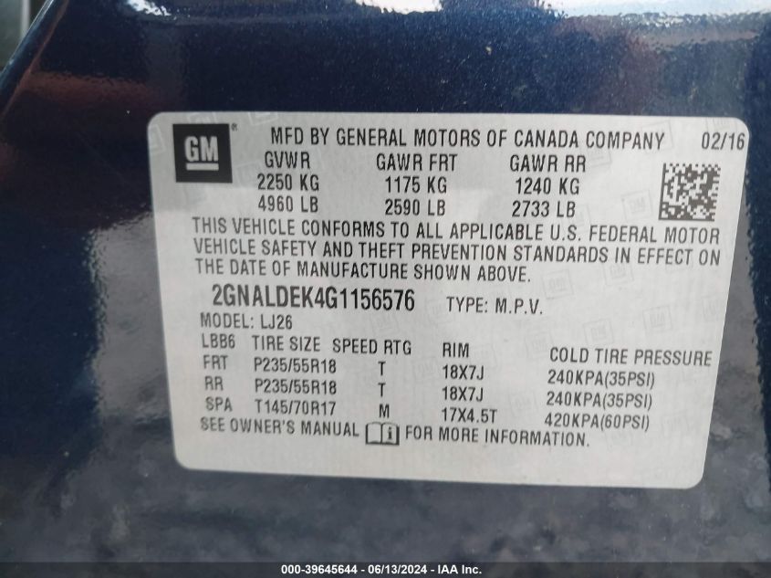 2016 Chevrolet Equinox Ltz VIN: 2GNALDEK4G1156576 Lot: 39645644