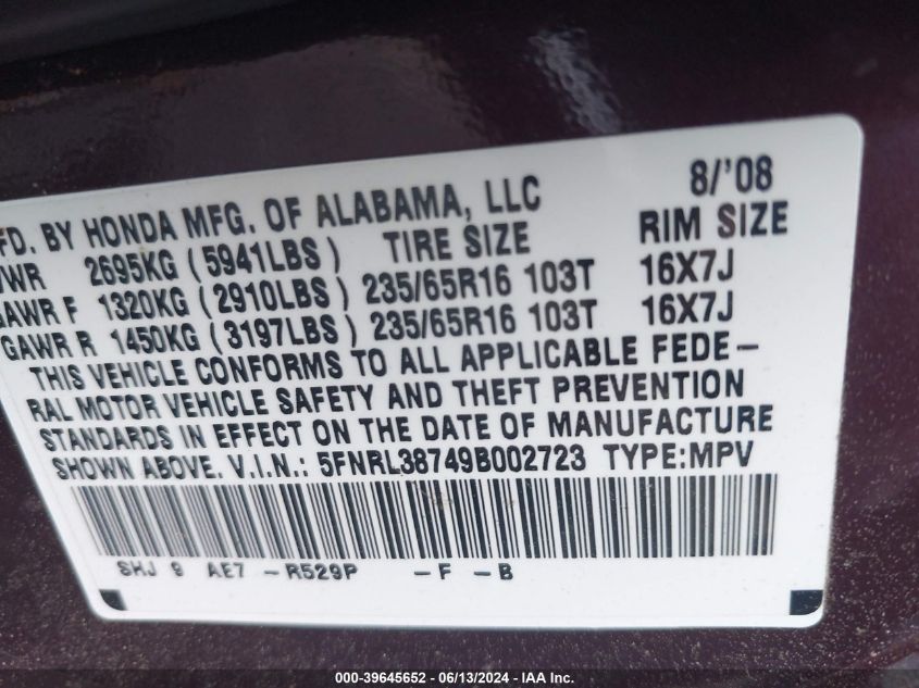 2009 Honda Odyssey Ex-L VIN: 5FNRL38749B002723 Lot: 39645652