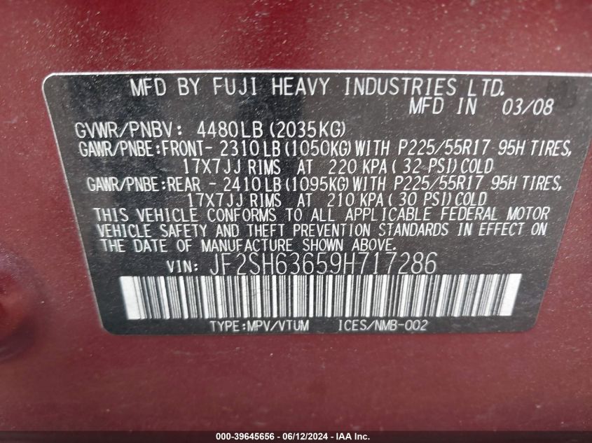 2009 Subaru Forester 2.5X VIN: JF2SH63659H717286 Lot: 39645656
