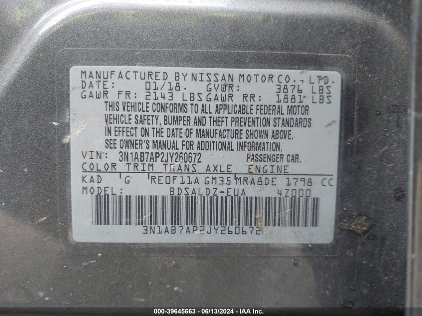 2018 Nissan Sentra Sv VIN: 3N1AB7AP2JY260672 Lot: 39645663