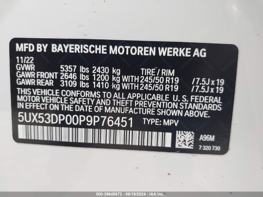 2023 BMW X3 XDRIVE30I - 5UX53DP00P9P76451