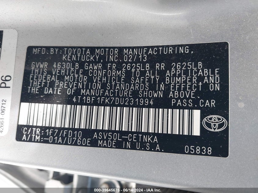 2013 Toyota Camry Le VIN: 4T1BF1FK7DU231994 Lot: 39645675