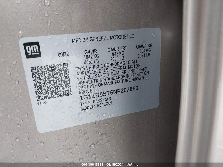 2022 Chevrolet Malibu Fwd Ls VIN: 1G1ZB5ST6NF207866 Lot: 39645691