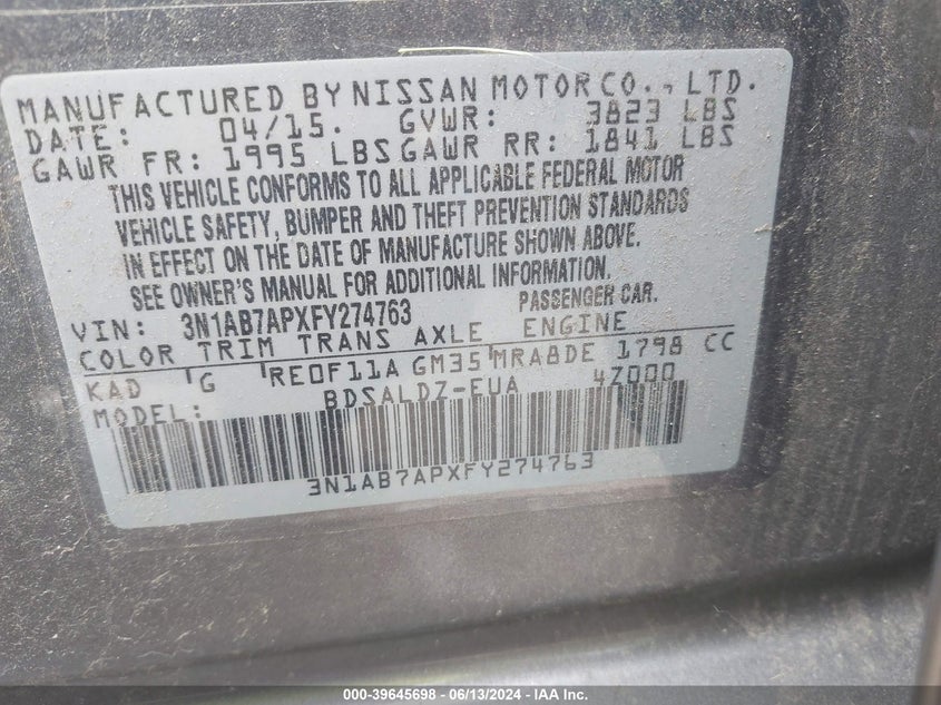 2015 Nissan Sentra Sv VIN: 3N1AB7APXFY274763 Lot: 39645698