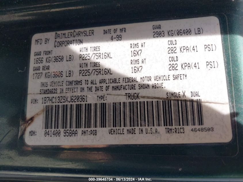 1999 Dodge Ram 1500 St VIN: 1B7HC13Z9XJ620361 Lot: 39645704